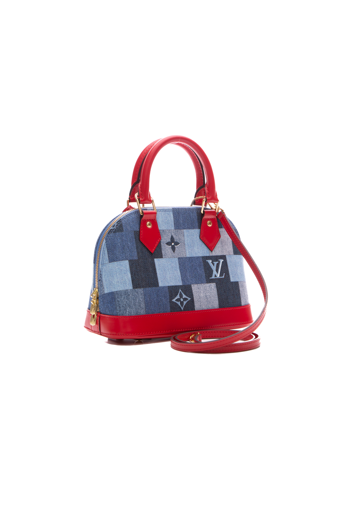 FWRD Renew Louis Vuitton Monogram Patchwork Denim Bowling Bag in Blue | FWRD